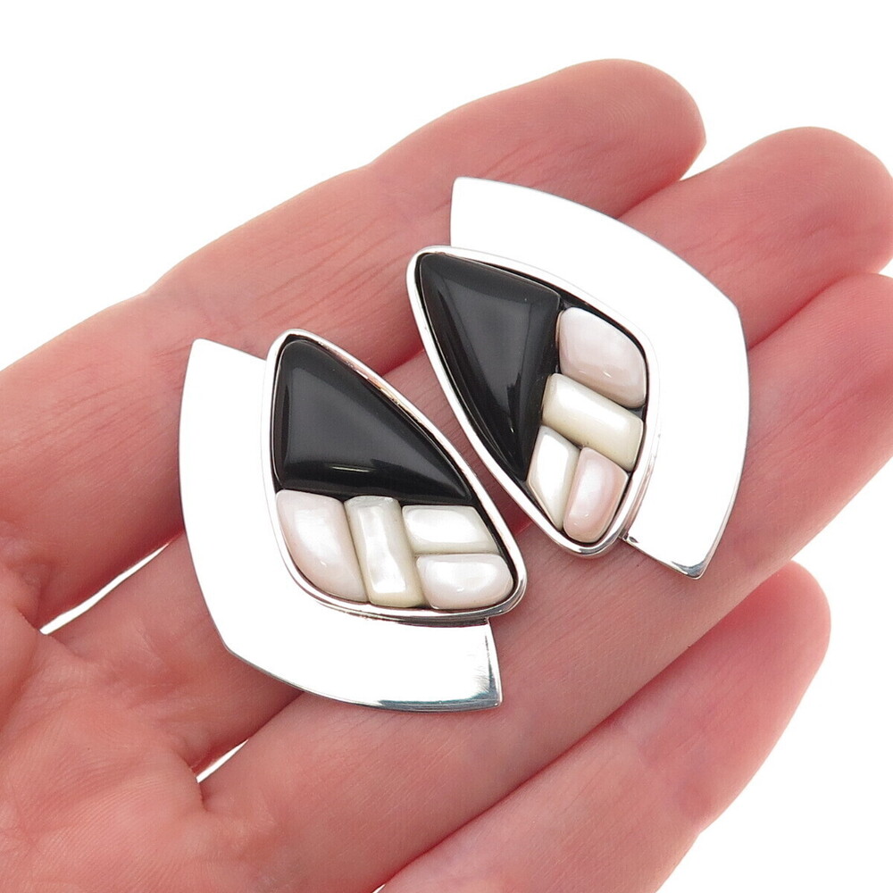 Jay King Desert Rose 925 Sterling Vintage Real Black Onyx MOP Modernist Earrings